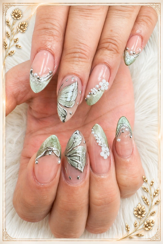 Elegant green and silver nail art