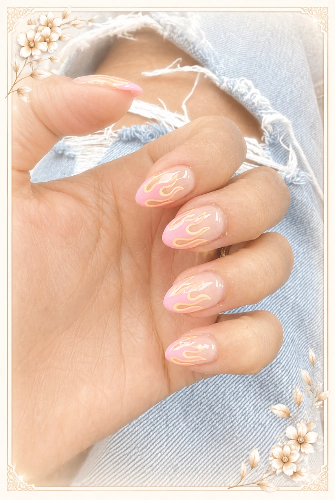 Floral framed manicure with flame design