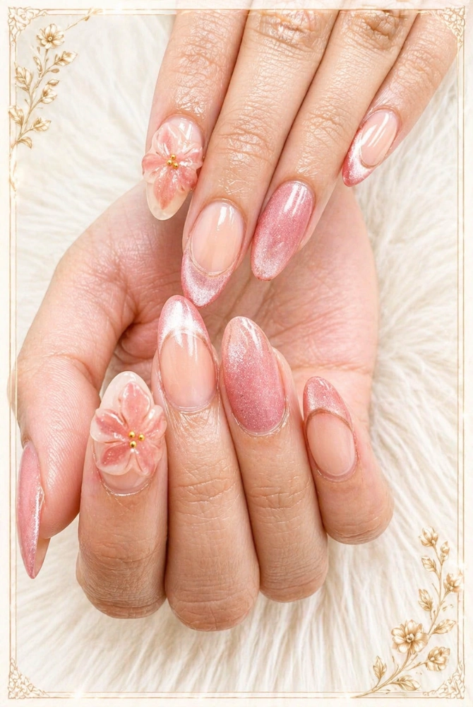 Elegant pink manicure with 3D flowers